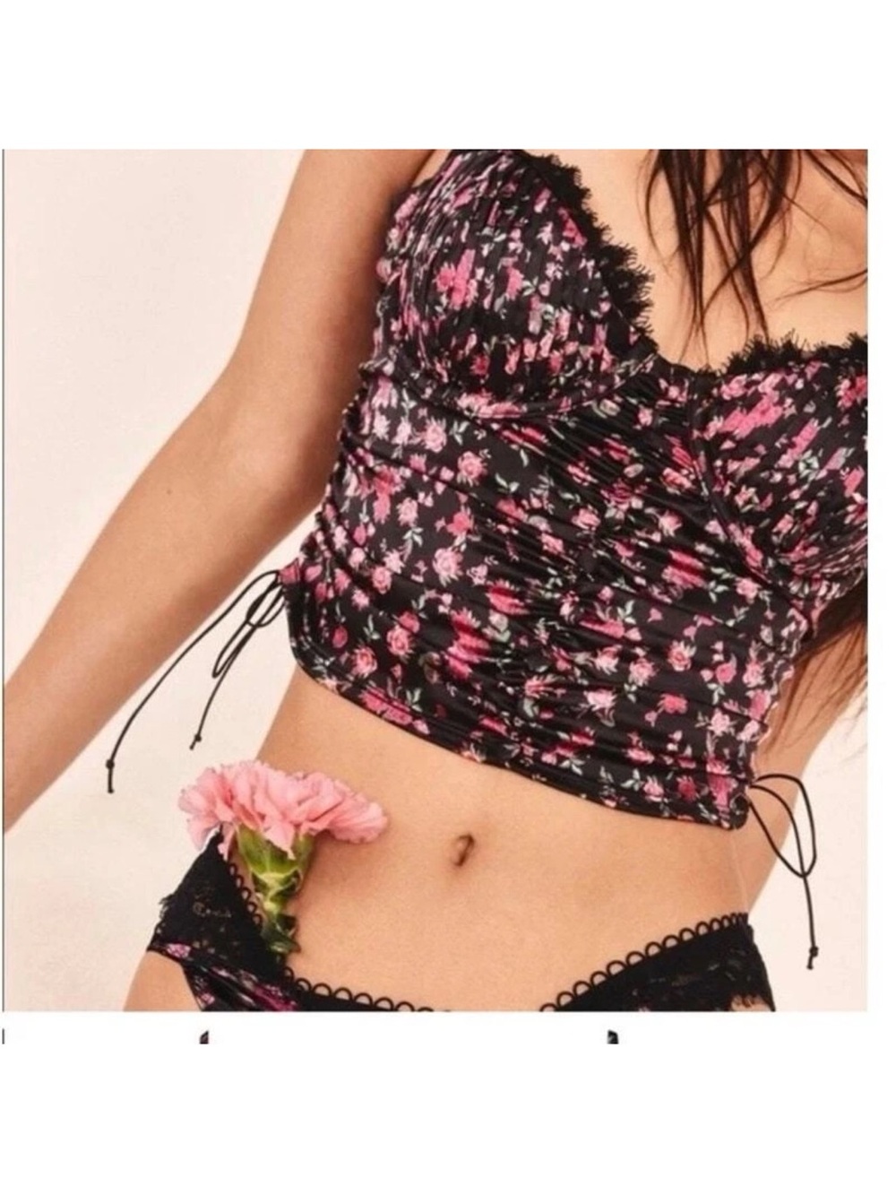For Love & Lemons Black Floral Ruched Cami with Pink Roses